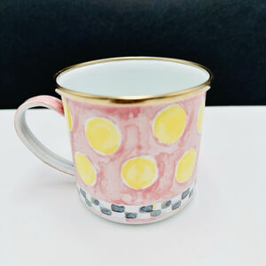 MACKENZIE-CHILDS Enamel Chicken Metal Cup Blue Pink & Checked 3.25" Mug